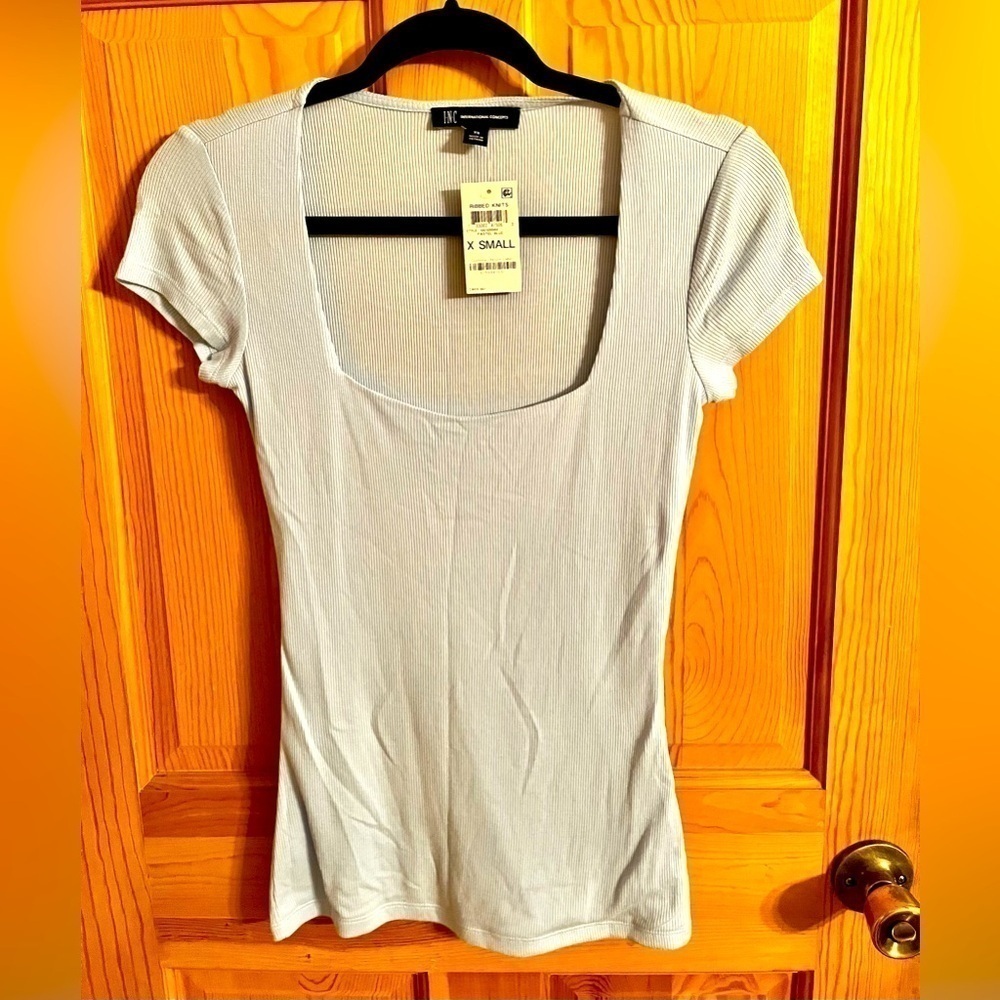 INC International Concepts Baby Blue Ribbed Scoop Neck Tee XS NWT Bodycon Top